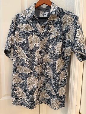 Vintage Men’s Short-Sleeve Leaf Print Shirt - Navy & Beige